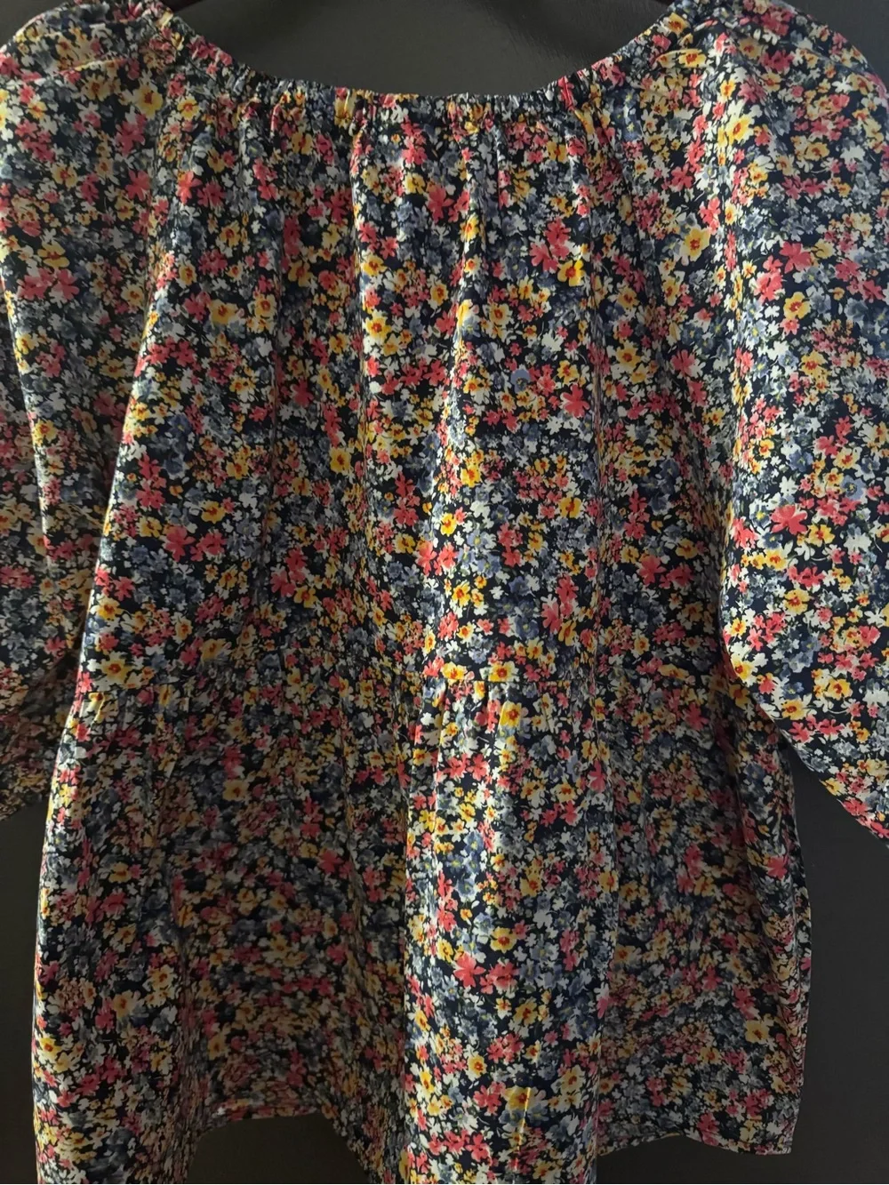 Old Navy Black Floral Puff Sleeve Blouse with Pink and Yellow Accents medium